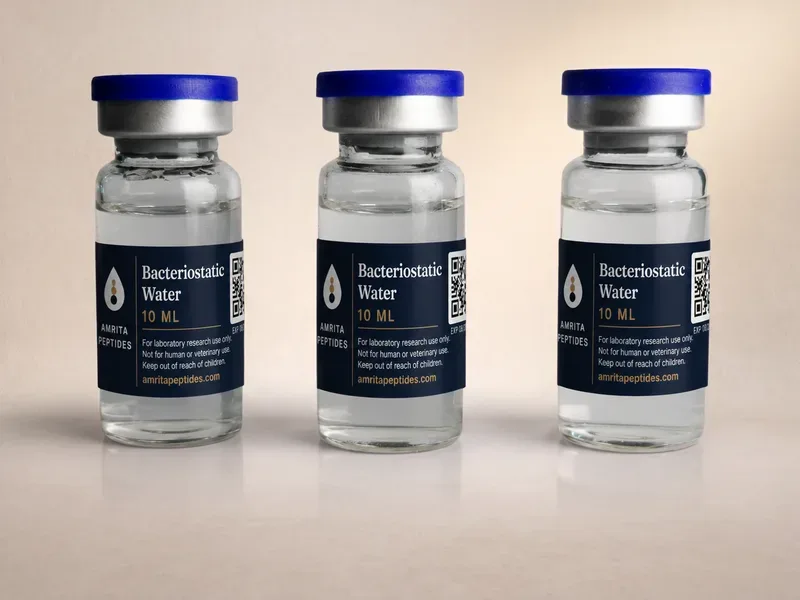 Amrita Peptides labeled Bacteriostatic Water 10 ml vials, three upright with blue caps on a beige backdrop