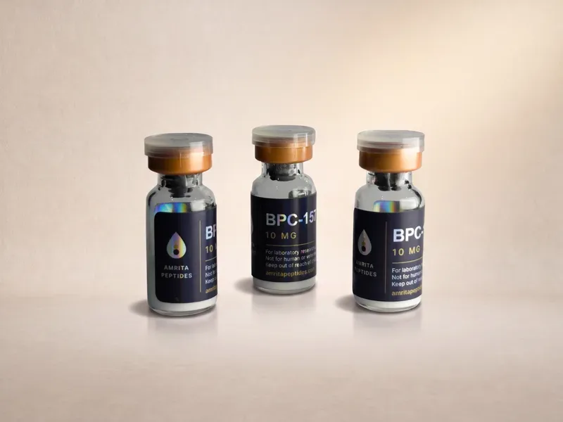 Amrita Peptides labeled BPC-157 10 mg research peptide vials, three upright on a beige backdrop