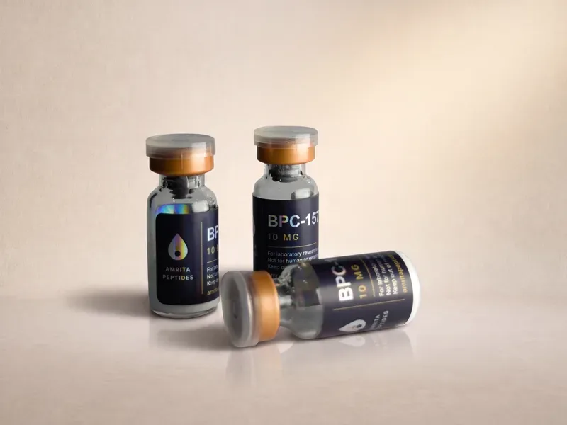 Amrita Peptides labeled BPC-157 10 mg vials, two upright and one lying on its side with the front label in view