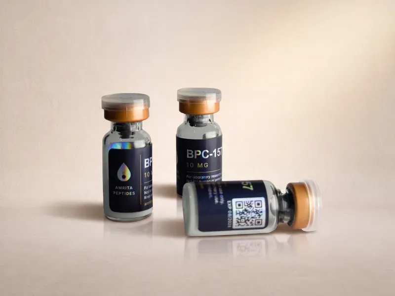 Amrita Peptides labeled BPC-157 10 mg vials, one lying on its side showing the QR code label panel