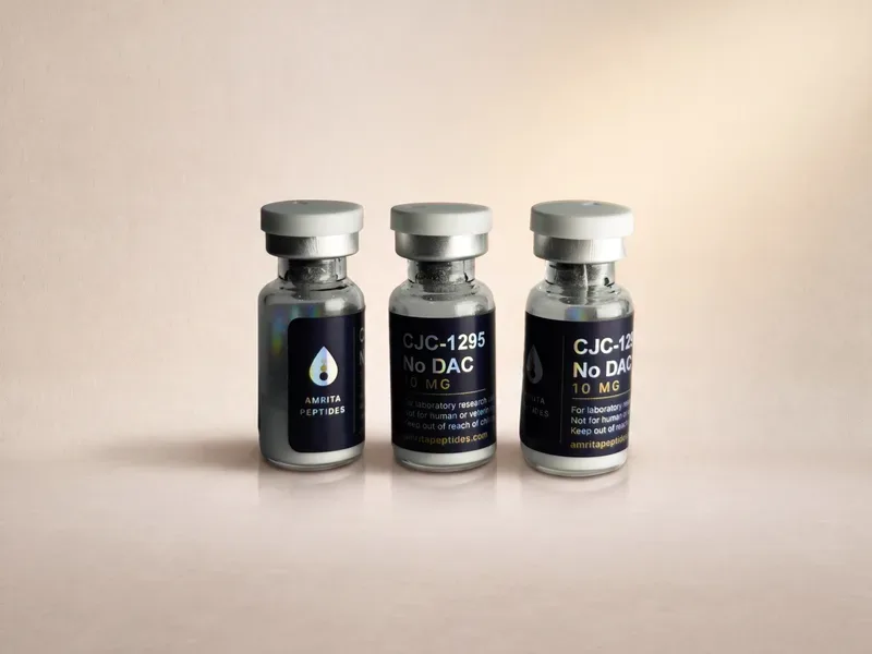 Amrita Peptides labeled CJC-1295 No DAC 10 mg research peptide vials, three upright with silver caps