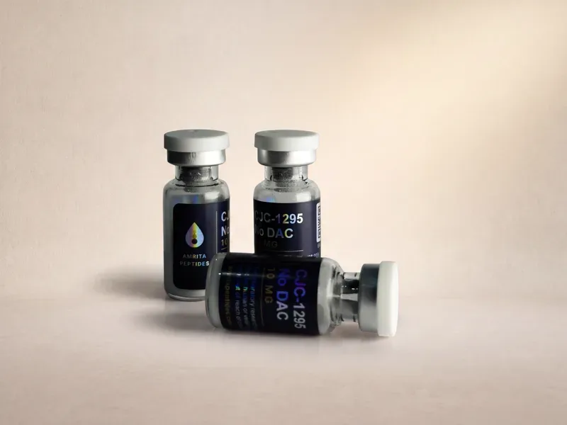 Amrita Peptides labeled CJC-1295 No DAC 10 mg vials, two upright and one lying on its side, cap to the right