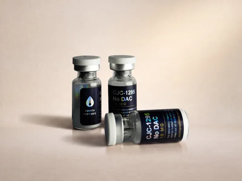 Amrita Peptides labeled CJC-1295 No DAC (Mod GRF 1-29) 10 mg vial lying on its side, front label in view