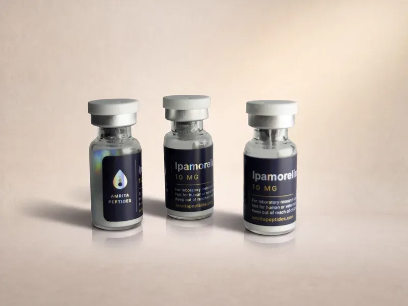 Amrita Peptides labeled Ipamorelin 10 mg research peptide vials, three upright with silver caps