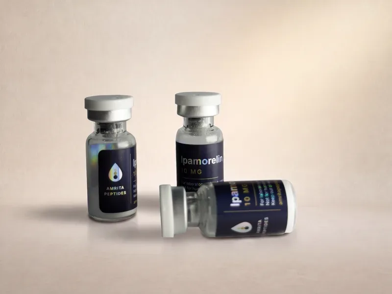 Amrita Peptides labeled Ipamorelin 10 mg vials, one lying on its side showing the drop logo panel