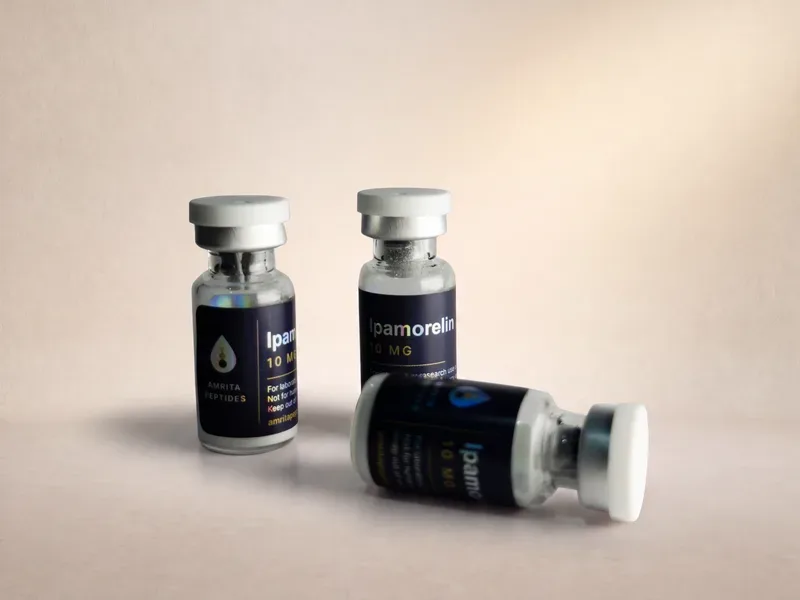 Amrita Peptides labeled Ipamorelin 10 mg vials, two upright and one lying on its side, cap to the right