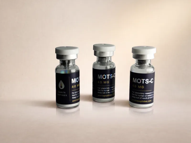 Amrita Peptides labeled MOTS-C 40 mg research peptide vials, three upright with silver caps