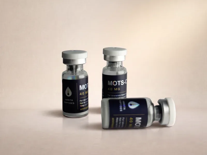 Amrita Peptides labeled MOTS-C 40 mg vials, two upright and one lying on its side, cap to the right