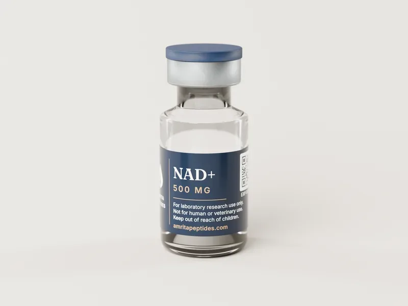 Amrita Peptides labeled NAD+ 500 mg vial, standing upright with a blue cap