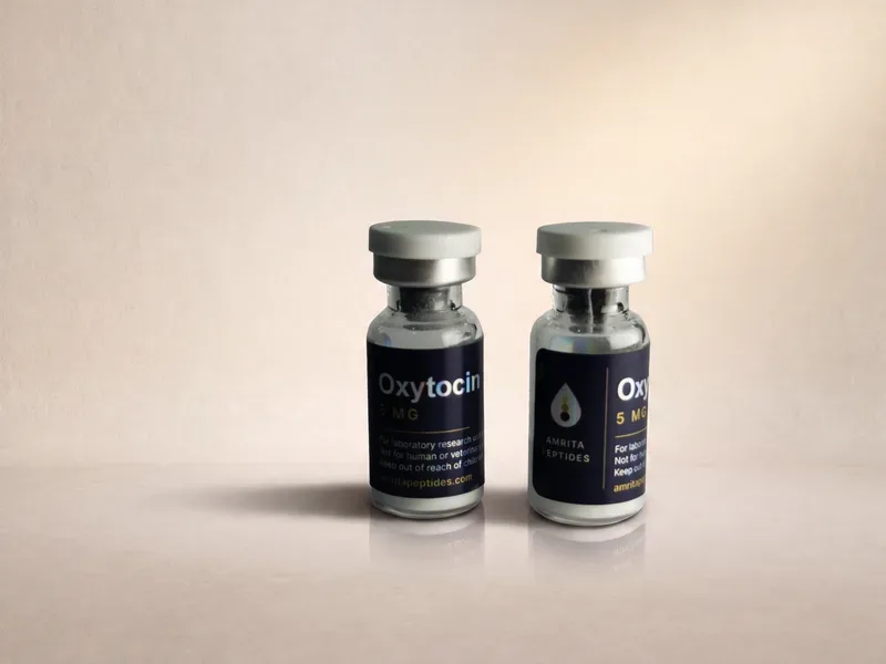 Amrita Peptides labeled Oxytocin 5 mg vials, a pair standing upright on a beige backdrop
