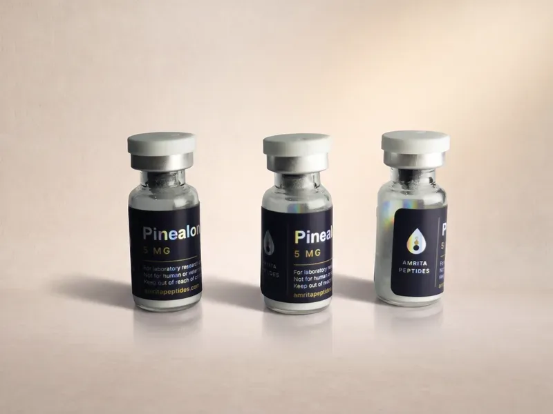 Amrita Peptides labeled Pinealon 5 mg research peptide vials, three upright with silver caps