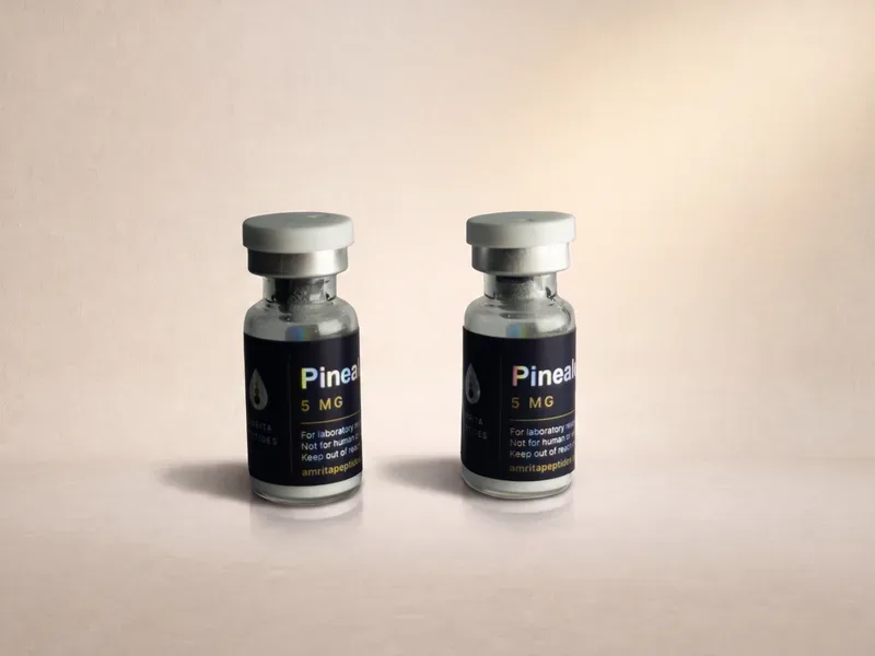 Amrita Peptides labeled Pinealon 5 mg vials, a pair standing upright with front labels in view