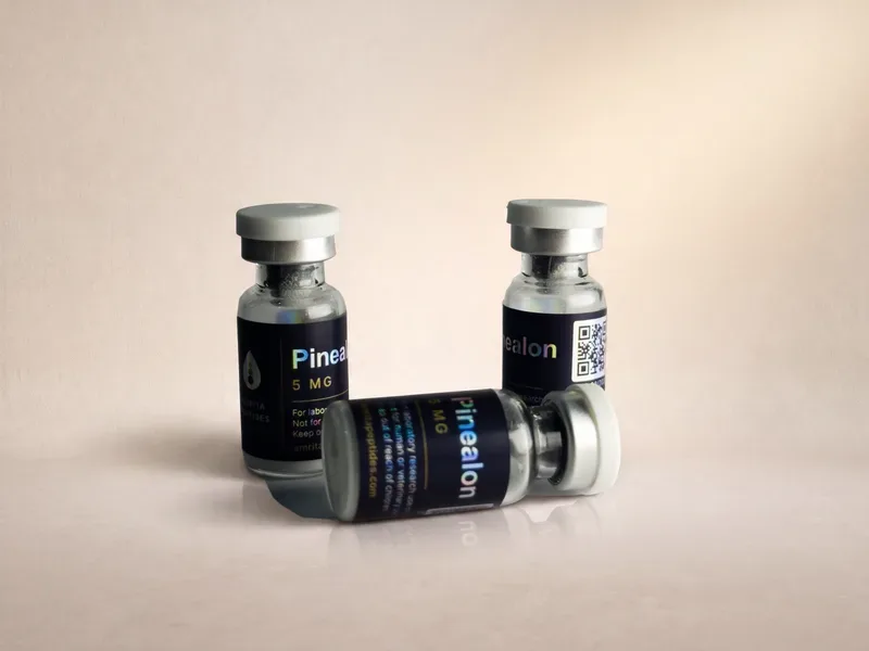 Amrita Peptides labeled Pinealon 5 mg vials, two upright and one lying on its side, QR code on the rear vial