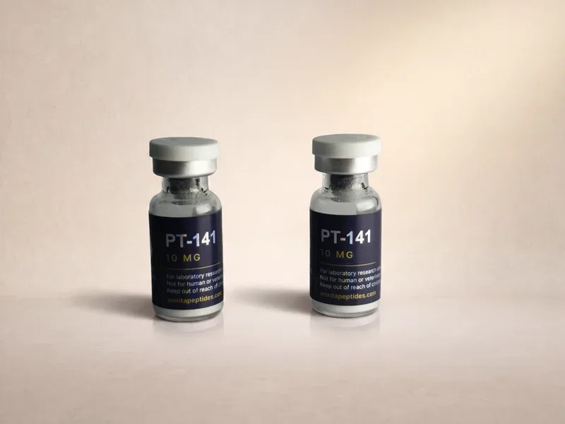 Amrita Peptides labeled PT-141 10 mg research peptide vials, a pair standing upright on a beige backdrop