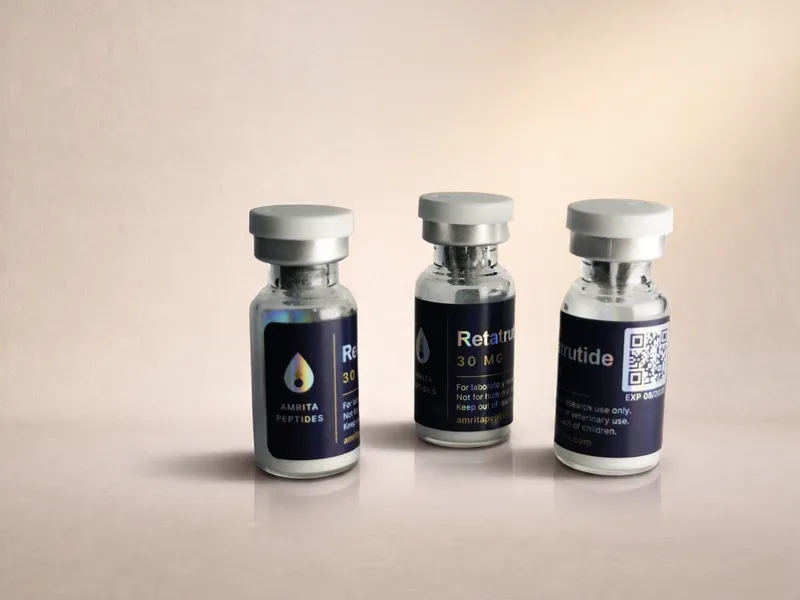 Amrita Peptides labeled Retatrutide 30 mg research peptide vials, three upright with silver caps