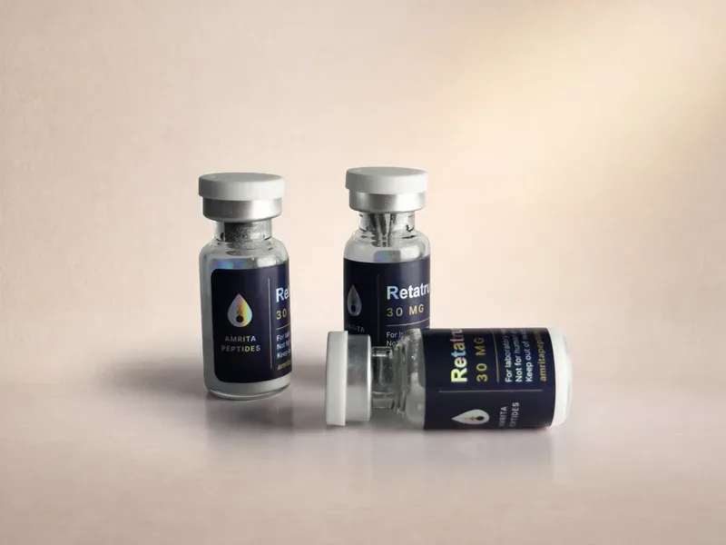 Amrita Peptides labeled Retatrutide 30 mg vials, two upright and one lying on its side with the front label in view