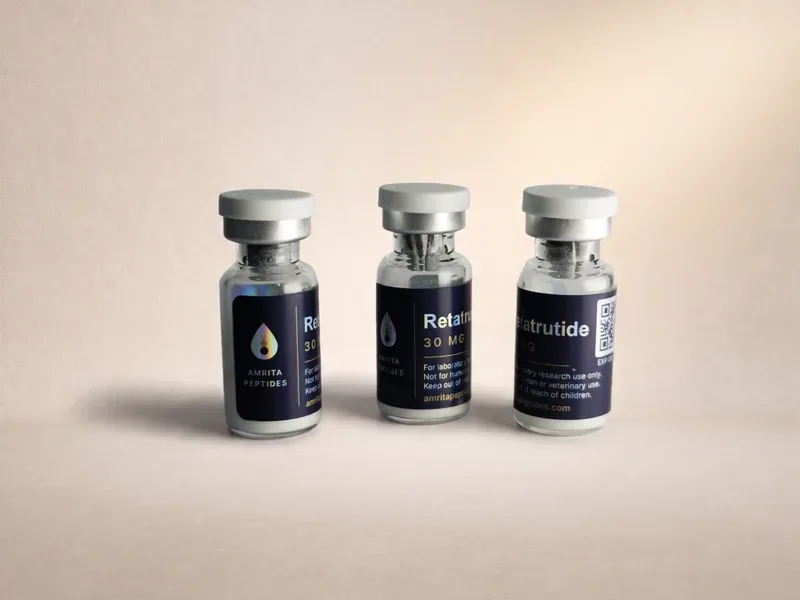 Amrita Peptides labeled Retatrutide 30 mg vials in a row, QR code visible on the right-hand vial