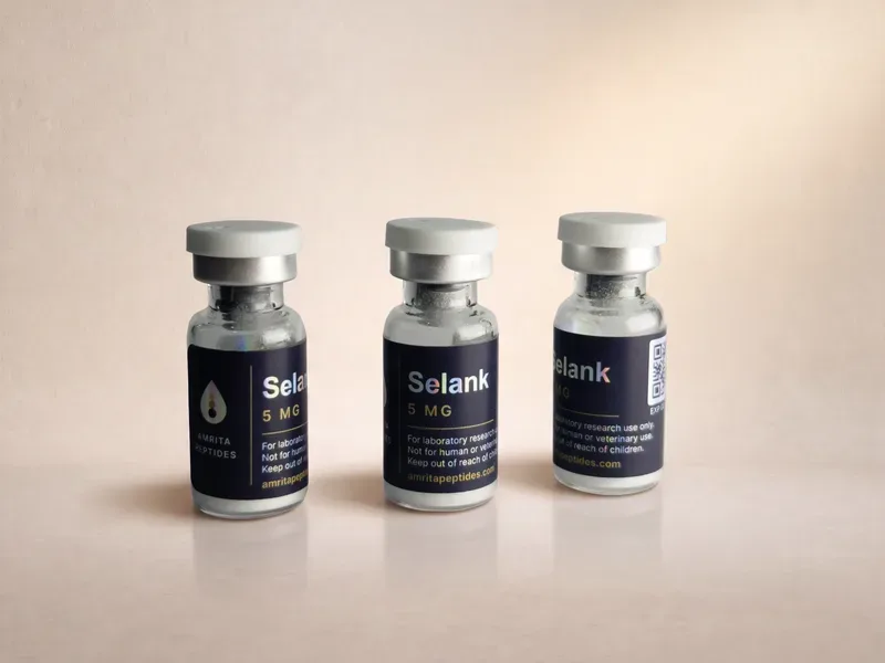 Amrita Peptides labeled Selank 5 mg research peptide vials, three upright with silver caps