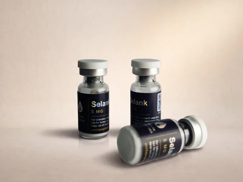 Amrita Peptides labeled Selank 5 mg vials, one lying on its side with the 5 mg front label in view
