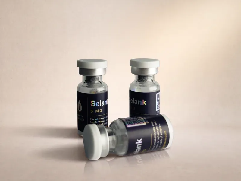 Amrita Peptides labeled Selank 5 mg vials, two upright and one lying on its side, cap to the left