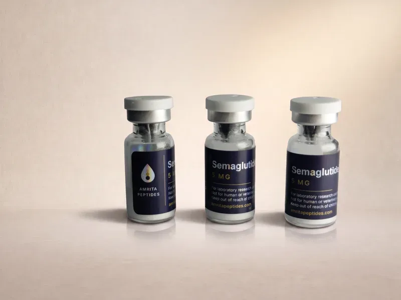 Amrita Peptides labeled Semaglutide 5 mg research peptide vials, three upright with silver caps