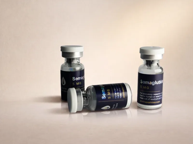 Amrita Peptides labeled Semaglutide 5 mg vials, two upright and one lying on its side in front