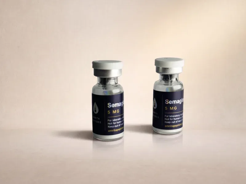 Amrita Peptides labeled Semaglutide 5 mg vials, a pair standing upright with front labels in view