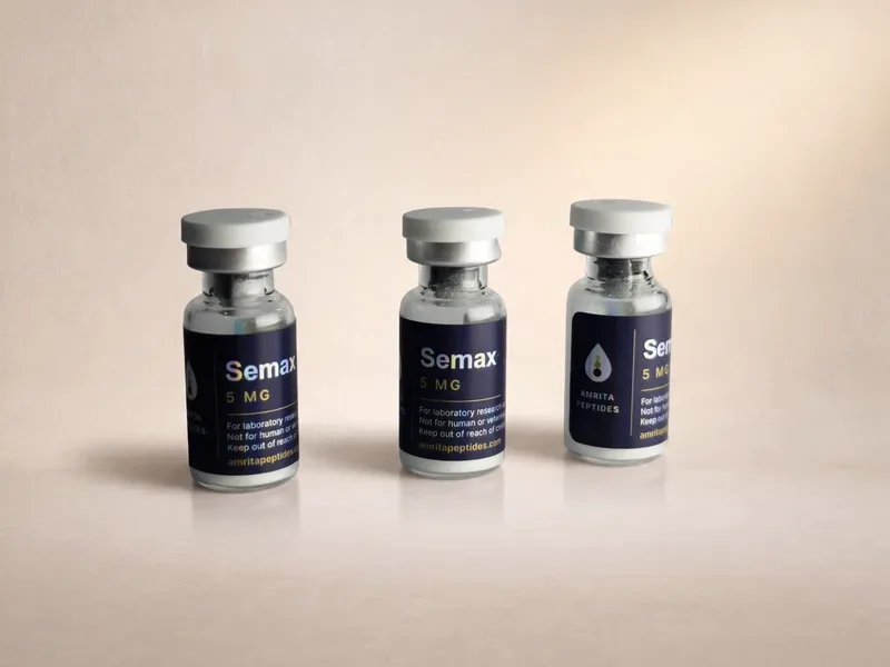 Amrita Peptides labeled Semax 5 mg research peptide vials, three upright with silver caps