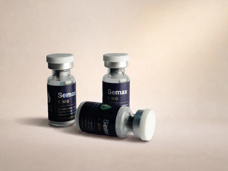 Amrita Peptides labeled Semax 5 mg vials, two upright and one lying on its side, cap to the right