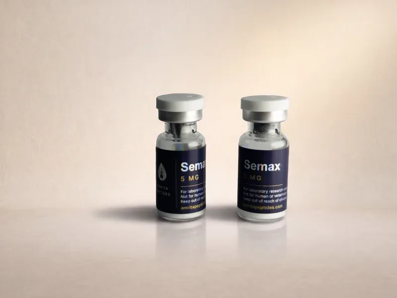 Amrita Peptides labeled Semax 5 mg vials, a pair standing upright with front labels in view