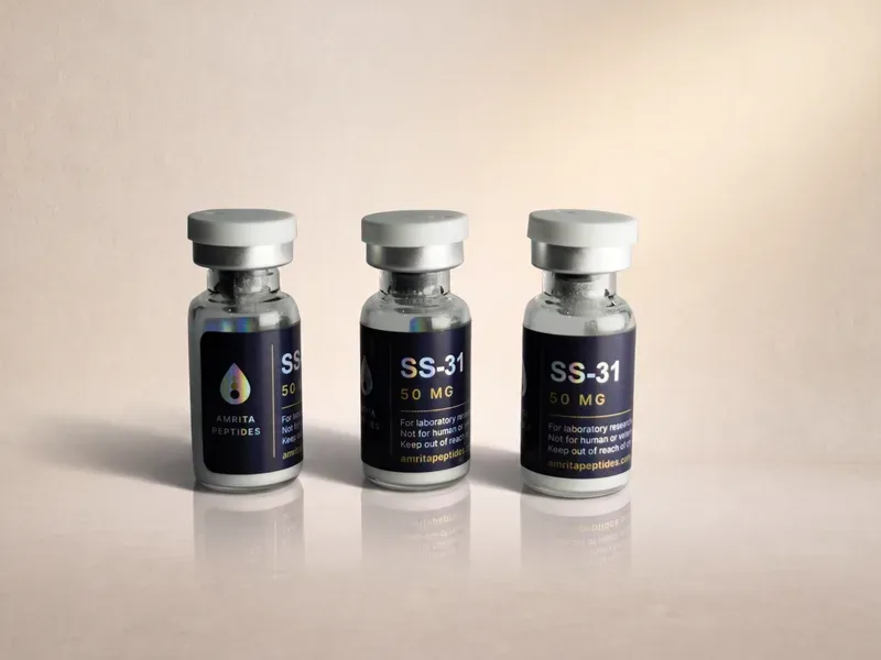Amrita Peptides labeled SS-31 50 mg research peptide vials, three upright with silver caps