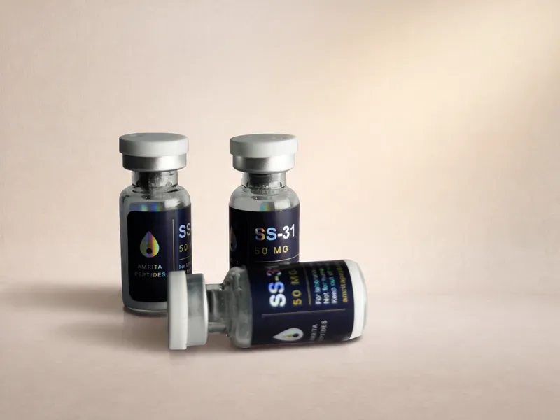 Amrita Peptides labeled SS-31 50 mg vials, two upright and one lying on its side with the front label in view