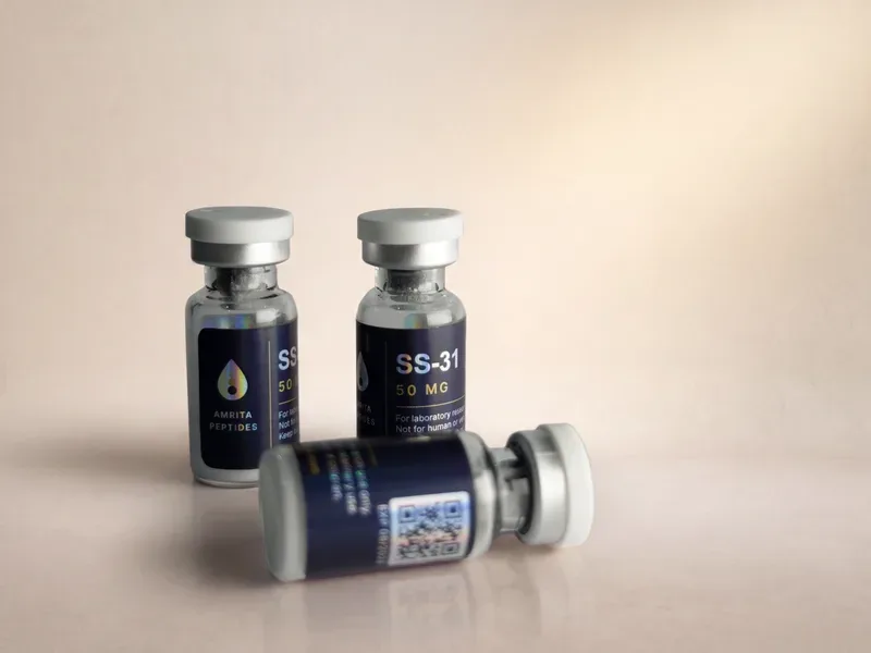 Amrita Peptides labeled SS-31 50 mg vials, one lying on its side showing the QR code label panel