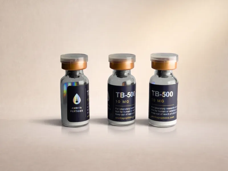 Amrita Peptides labeled TB-500 10 mg research peptide vials, three upright with gold caps