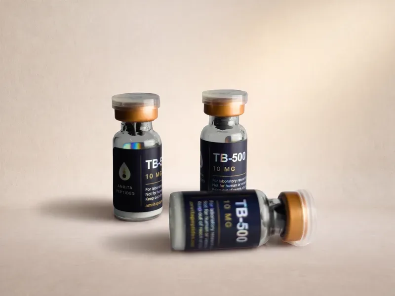 Amrita Peptides labeled TB-500 10 mg vials, two upright and one lying on its side with the front label in view