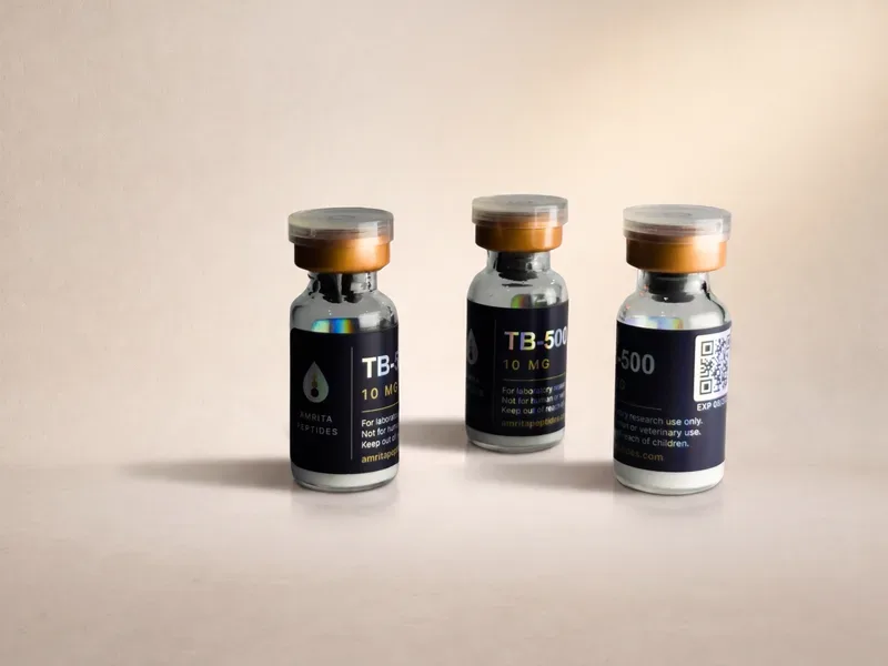 Amrita Peptides labeled TB-500 10 mg vials in a row, QR code visible on the right-hand vial