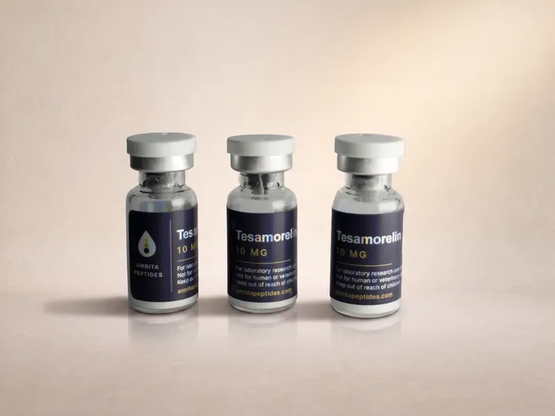 Amrita Peptides labeled Tesamorelin 10 mg research peptide vials, three upright with silver caps