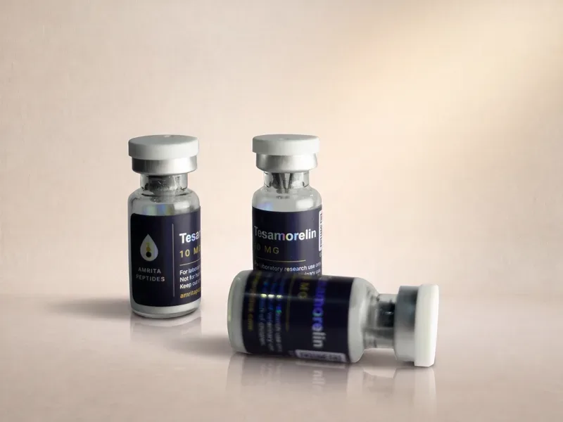 Amrita Peptides labeled Tesamorelin 10 mg vials, two upright and one lying on its side in front