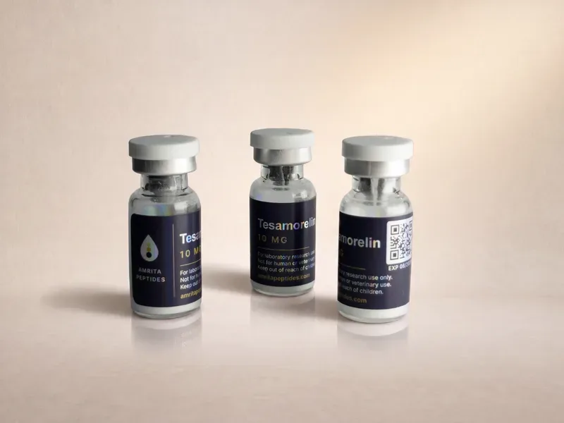Amrita Peptides labeled Tesamorelin 10 mg vials in a row, QR code visible on the right-hand vial